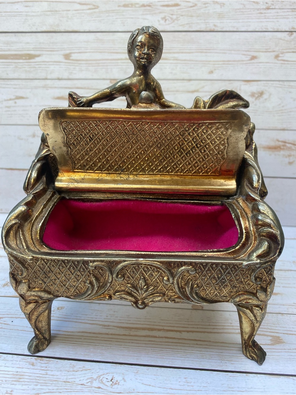 Ornate Gold Decorative Jewelry Box with Pink Lining